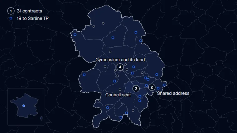 The territory: 31 contracts, 19 to Sarline TP, the shared address of the three bidders, the council seat, the gymnasium and its land.