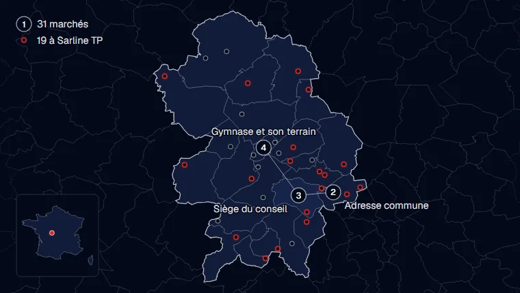 Le territoire : 31 marchés, 19 à Sarline TP, l'adresse commune des trois soumissionnaires, le siège du conseil, le gymnase et son terrain.