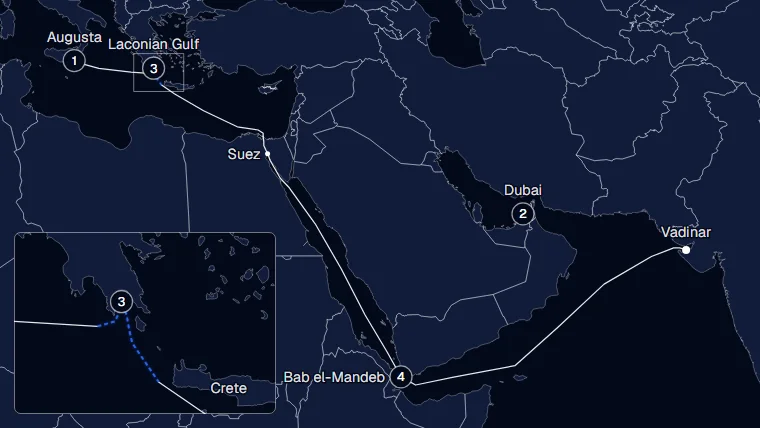 From Augusta to Vadinar, the successive owners and the route: the inspection, the nine days without AIS and the Laconian Gulf transfer, Suez, Bab el-Mandeb, the discharge.
