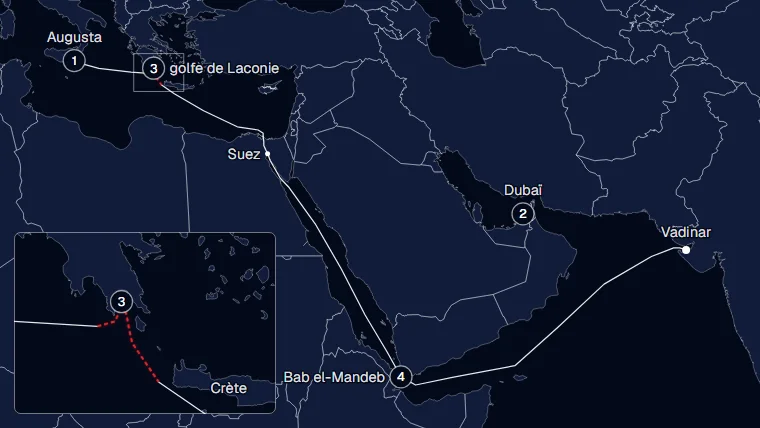 D'Augusta à Vadinar, les propriétaires successifs et la route : l'inspection, les neuf jours sans AIS et le transbordement du golfe de Laconie, Suez, Bab el-Mandeb, le déchargement.